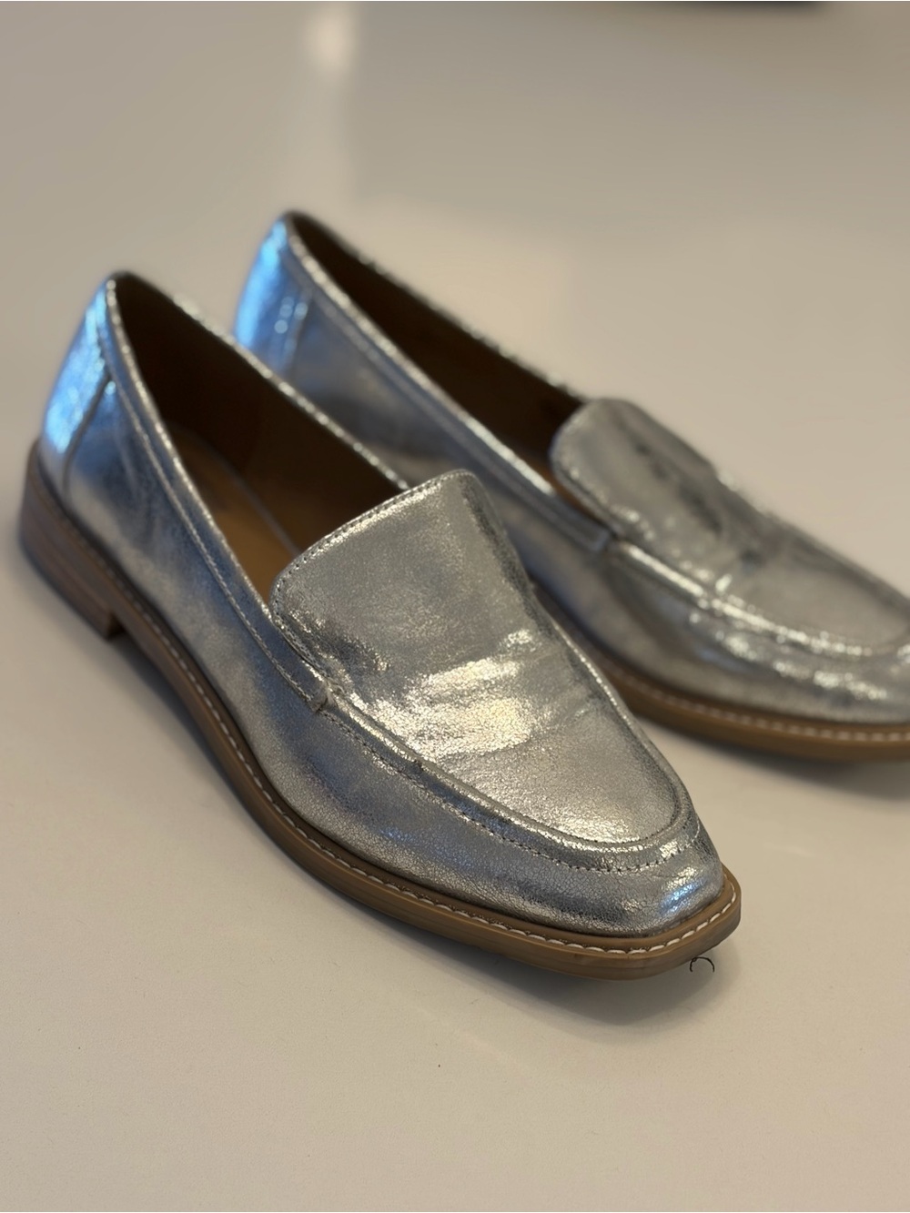 Dolce Vita Silver Metallic Penny Loafers with Tan Sole